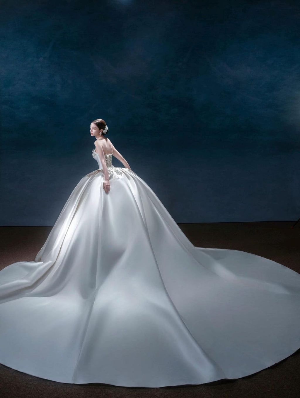 Luxury Strapless Mikado Satin Wedding Gown, Heavy Crystal Embroidery Ballgown Bridal Dress, Long Cathedral Train, Custom Made