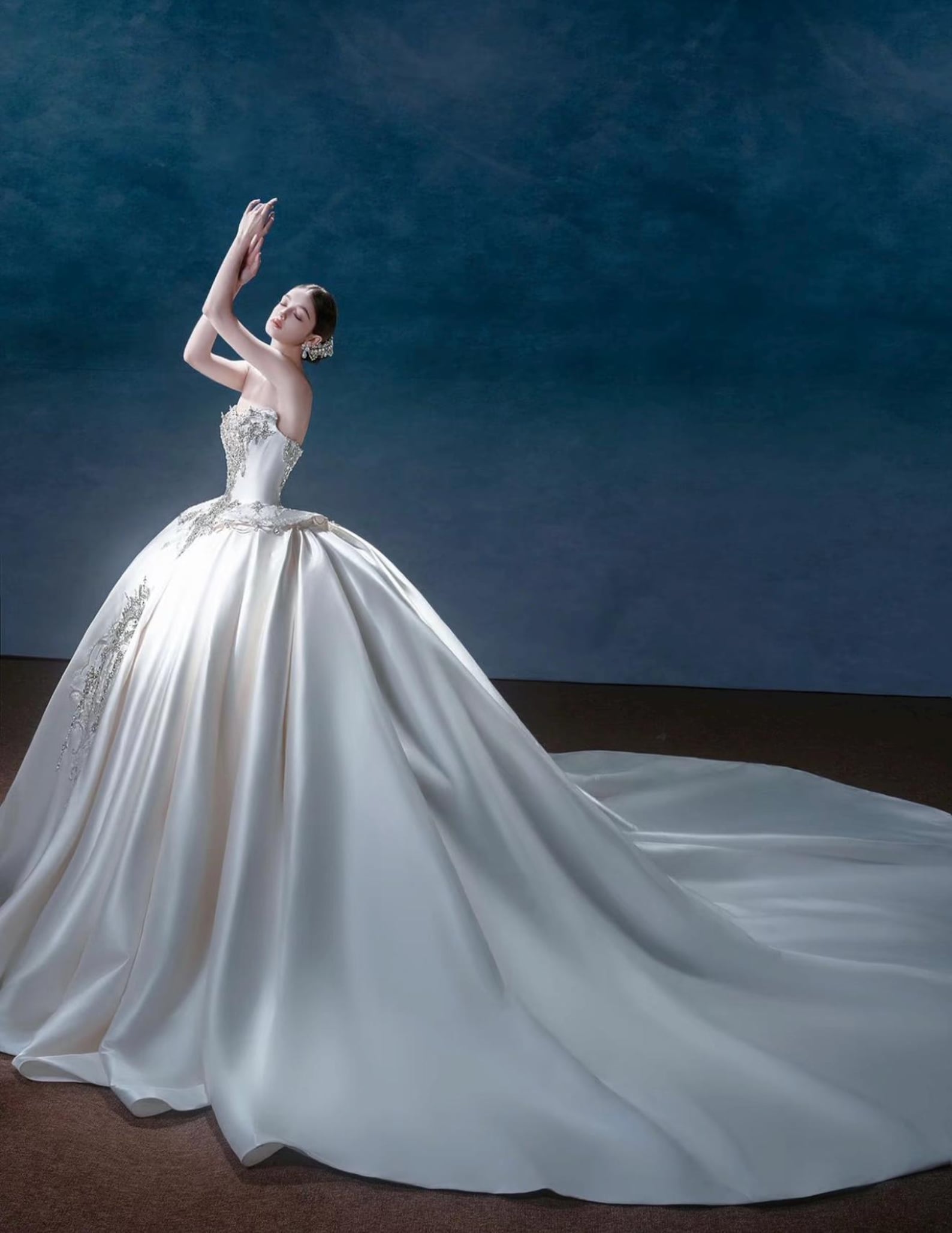 Luxury Strapless Mikado Satin Wedding Gown, Heavy Crystal Embroidery Ballgown Bridal Dress, Long Cathedral Train, Custom Made