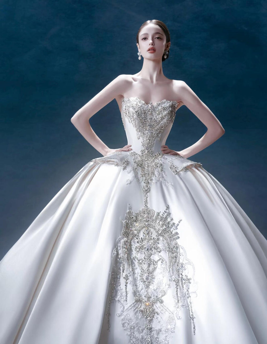 Luxury Strapless Mikado Satin Wedding Gown, Heavy Crystal Embroidery Ballgown Bridal Dress, Long Cathedral Train, Custom Made