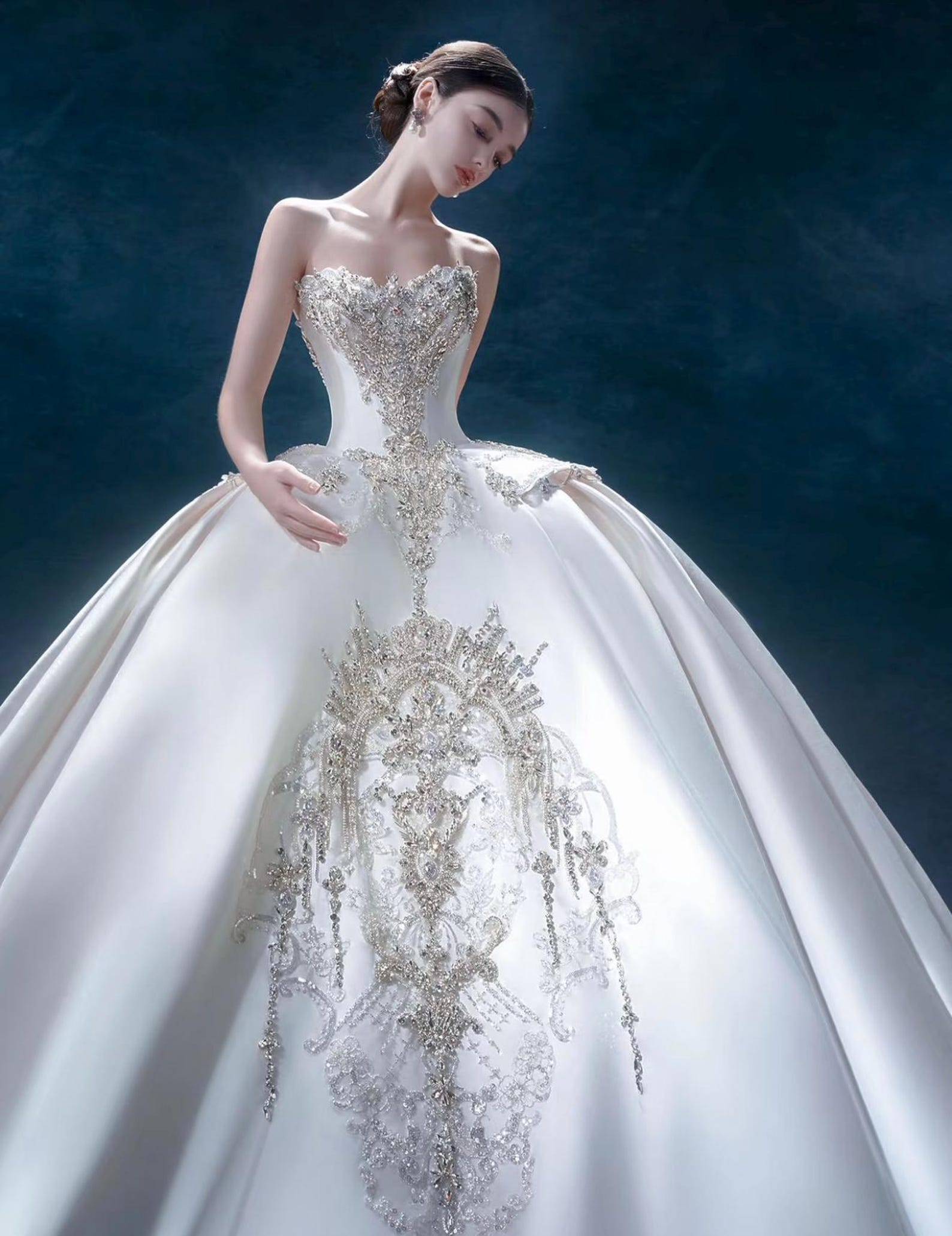 Luxury Strapless Mikado Satin Wedding Gown, Heavy Crystal Embroidery Ballgown Bridal Dress, Long Cathedral Train, Custom Made