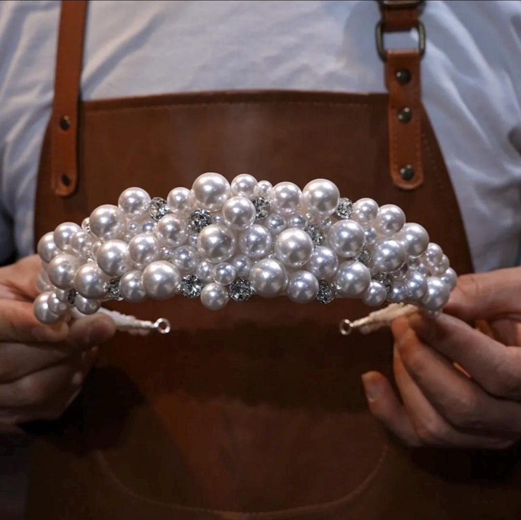 Luxury Pearl Crystal Bridal Tiara, Handmade Pearl Wedding Crown, Silver Bridal Headpiece, Princess Bride Hair Accessory