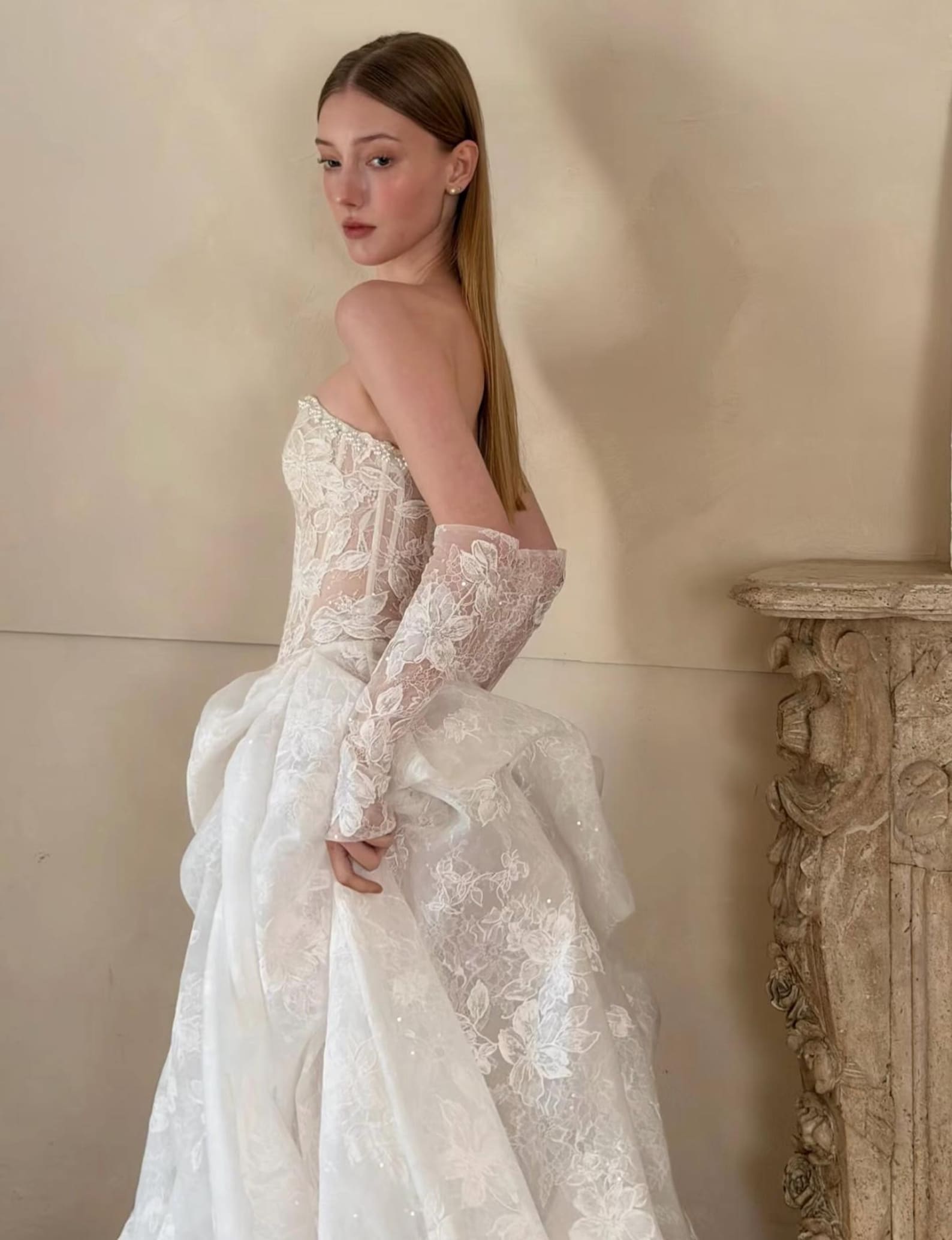 Strapless Corset Lace Wedding Dress, Floral Lace Bridal Gown, Removable Overskirt, Vintage Romantic Bridal Dress With Train, Custom Size