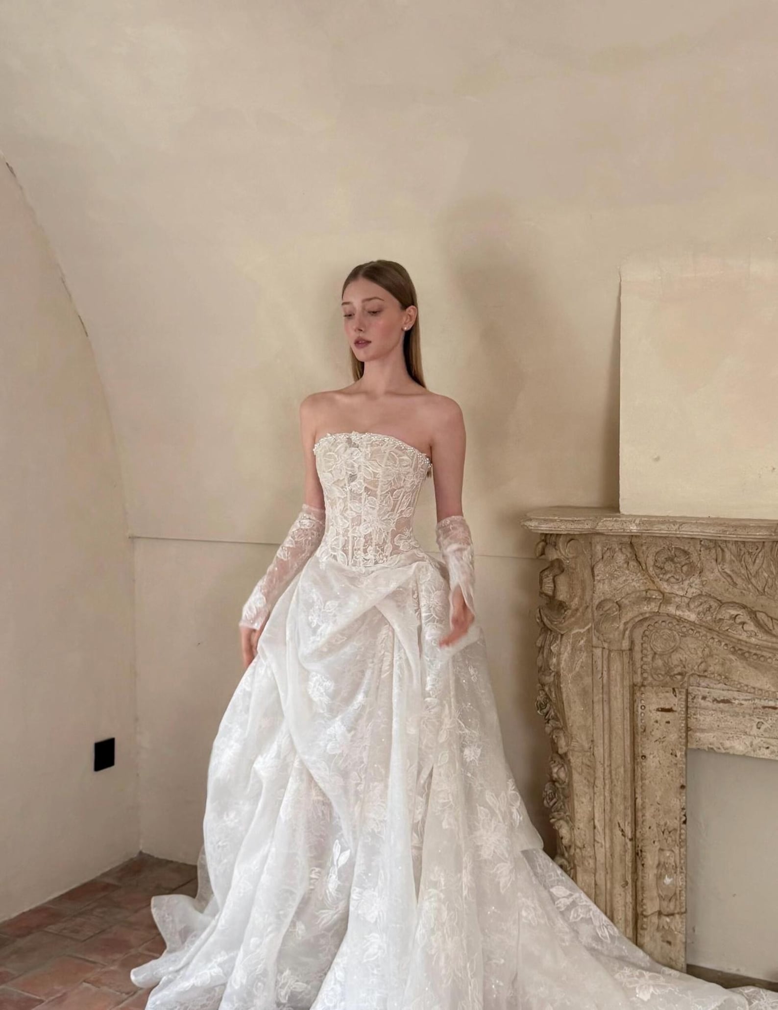 Strapless Corset Lace Wedding Dress, Floral Lace Bridal Gown, Removable Overskirt, Vintage Romantic Bridal Dress With Train, Custom Size