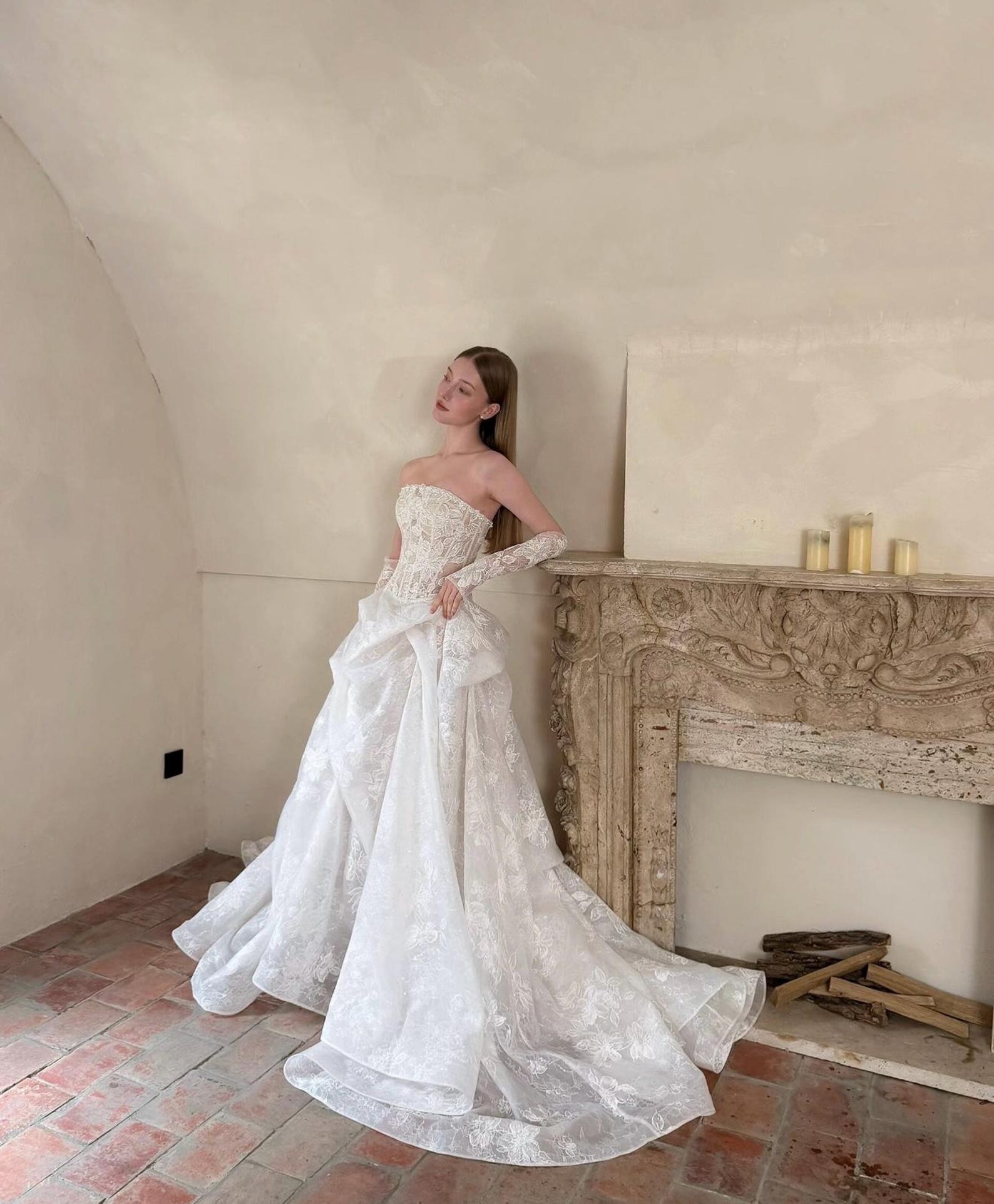 Strapless Corset Lace Wedding Dress, Floral Lace Bridal Gown, Removable Overskirt, Vintage Romantic Bridal Dress With Train, Custom Size