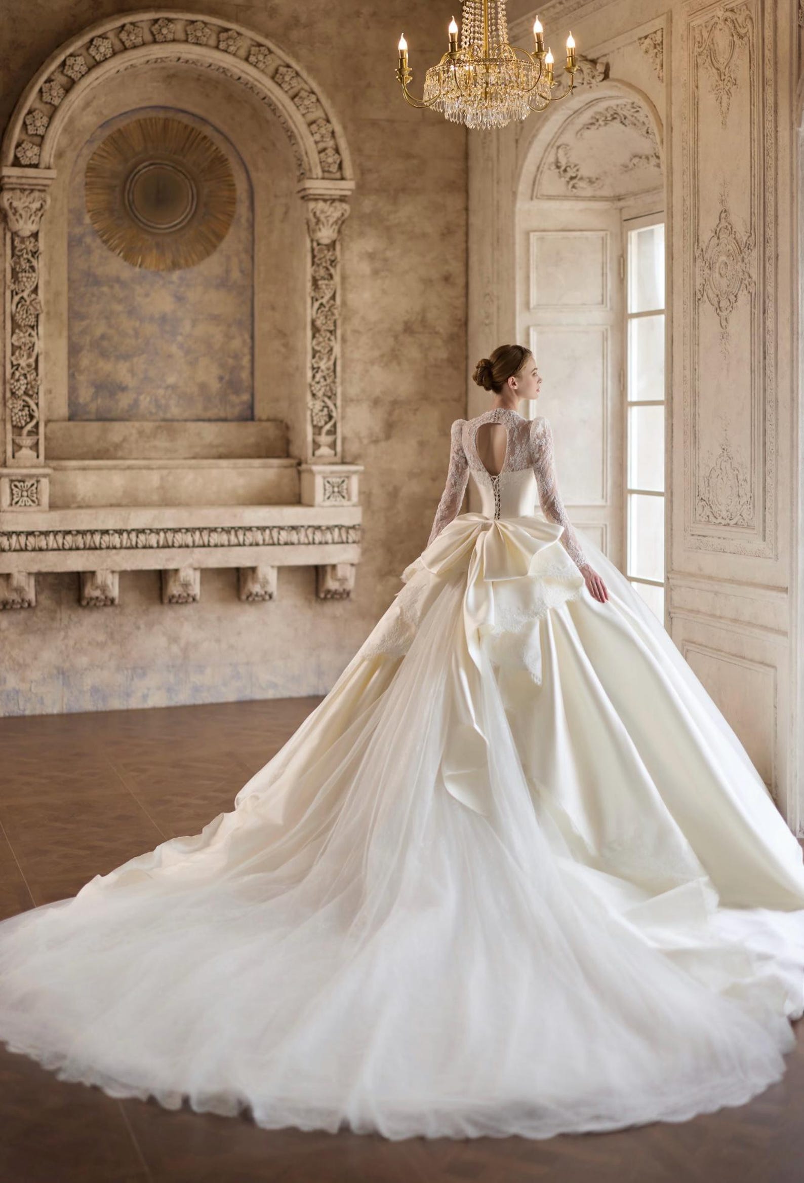 Long Sleeve High Neck Lace Satin Bridal Gown, Ball Gown Wedding Dress With Big Bow, Custom Size Long Train Wedding Dress