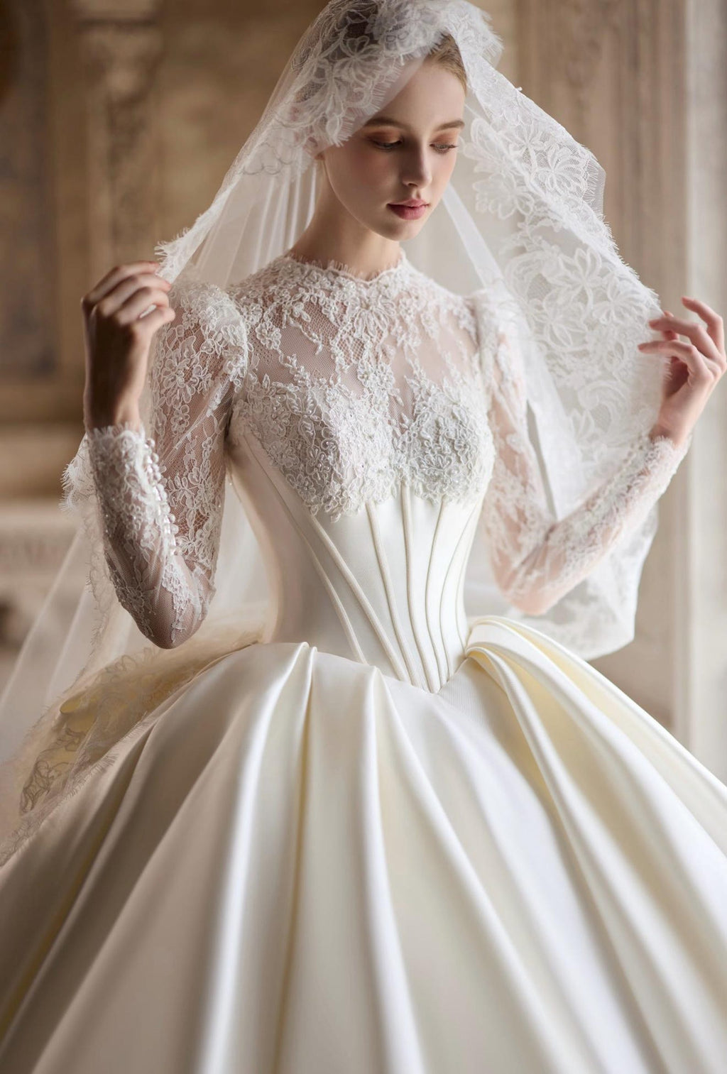 Long Sleeve High Neck Lace Satin Bridal Gown, Ball Gown Wedding Dress With Big Bow, Custom Size Long Train Wedding Dress