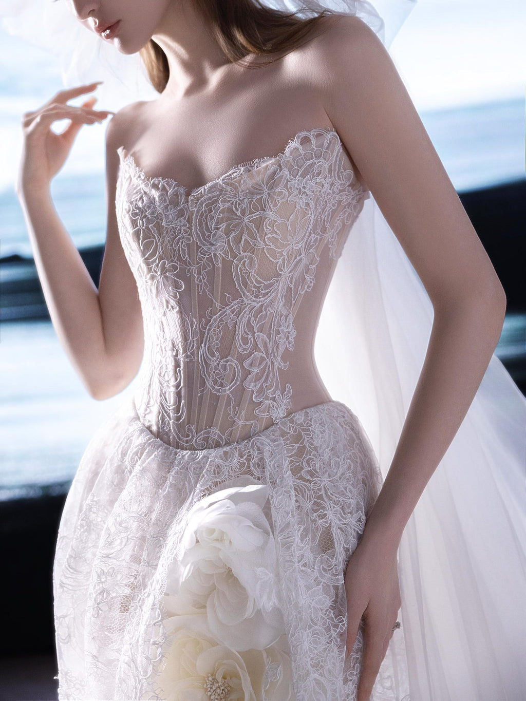 Romantic Strapless Allover Lace Bridal Gown, High Front Slit Wedding Dress, 3D Flowers, Tulle Train Beach Elopement Dress