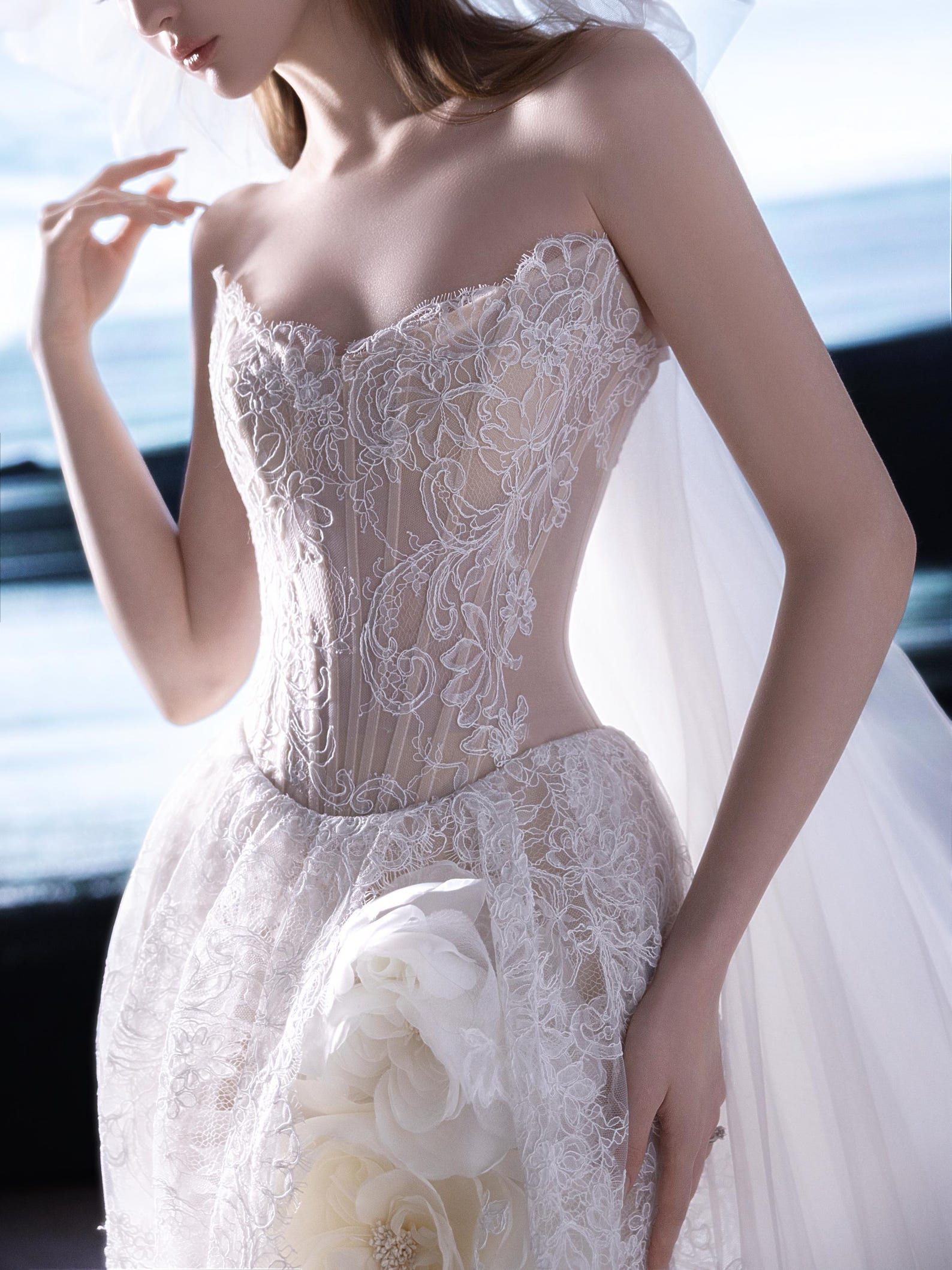Romantic Strapless Allover Lace Bridal Gown, High Front Slit Wedding Dress, 3D Flowers, Tulle Train Beach Elopement Dress
