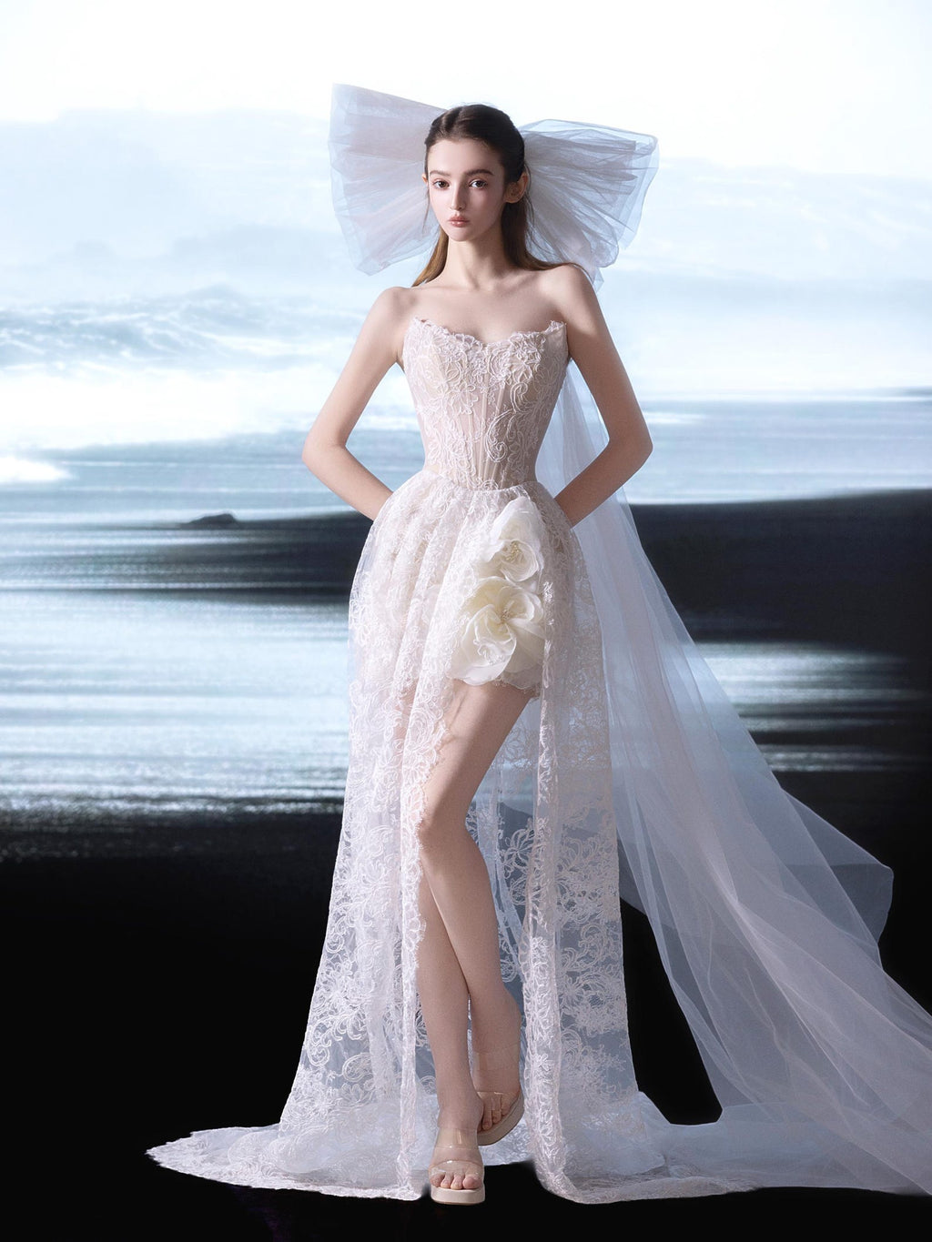 Romantic Strapless Allover Lace Bridal Gown, High Front Slit Wedding Dress, 3D Flowers, Tulle Train Beach Elopement Dress