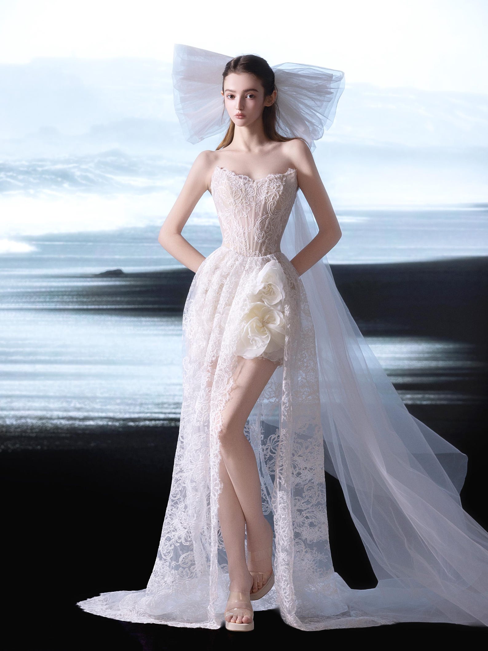 Romantic Strapless Allover Lace Bridal Gown, High Front Slit Wedding Dress, 3D Flowers, Tulle Train Beach Elopement Dress