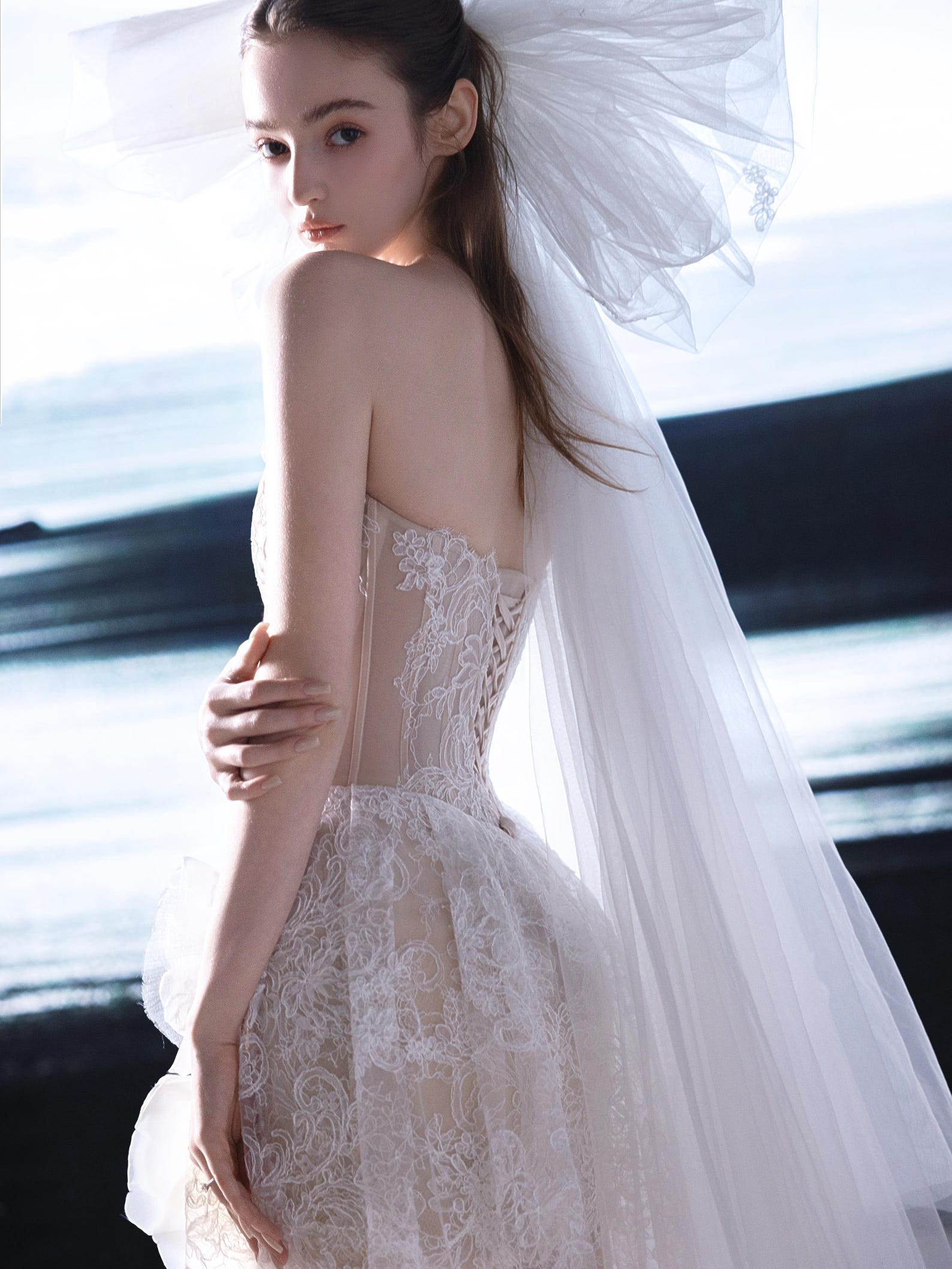 Romantic Strapless Allover Lace Bridal Gown, High Front Slit Wedding Dress, 3D Flowers, Tulle Train Beach Elopement Dress