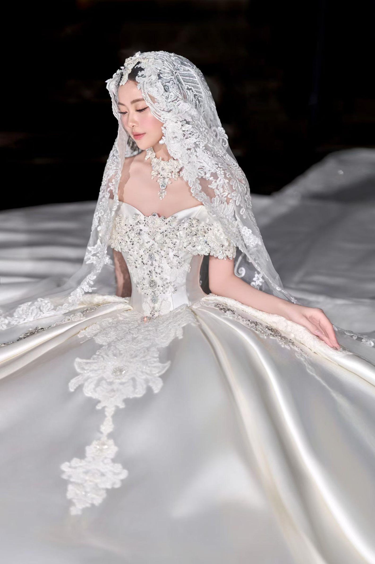 Vintage Off Shoulder Satin Wedding Gown, Heavy Crystal & Lace Embellished Ballgown, Elegant Cathedral Train Princess Bridal Dress