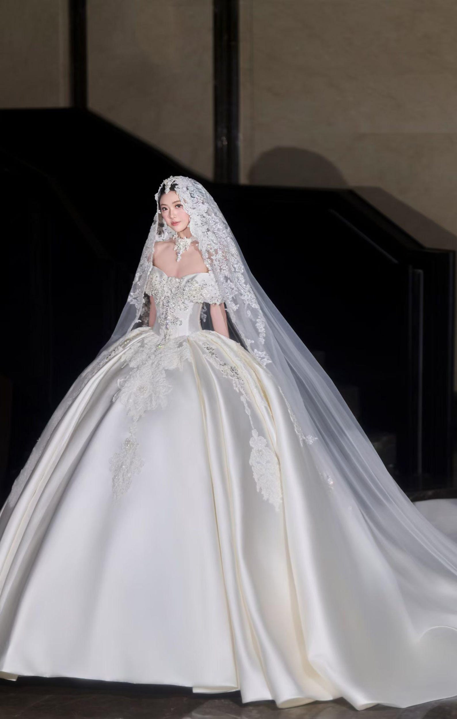 Vintage Off Shoulder Satin Wedding Gown, Heavy Crystal & Lace Embellished Ballgown, Elegant Cathedral Train Princess Bridal Dress