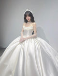 Classic Spaghetti Strap Ruched Satin Bridal Gown, Clean Minimal Ballgown Wedding Dress, Elegant Fairytale Bride Dress With Train