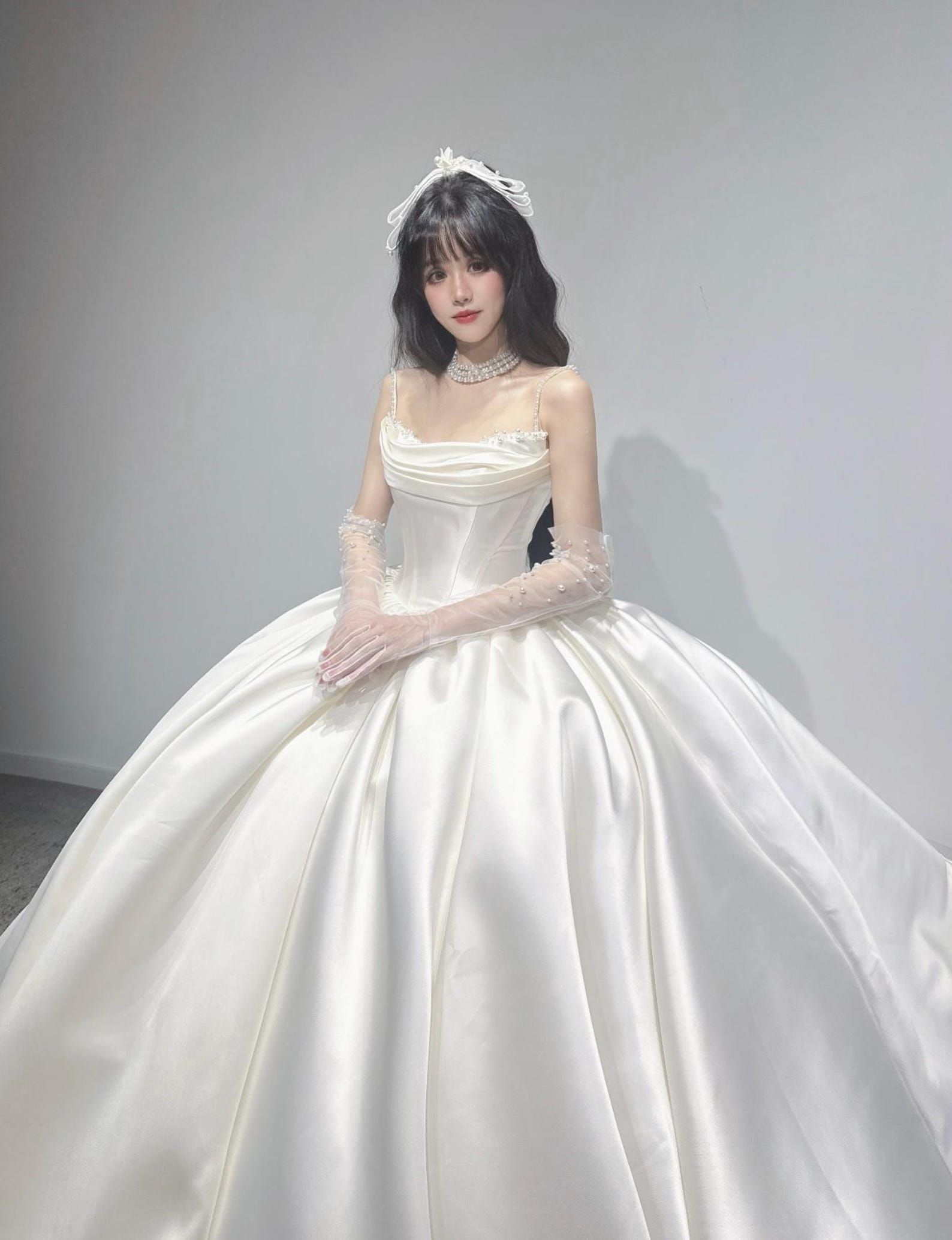 Classic Spaghetti Strap Ruched Satin Bridal Gown, Clean Minimal Ballgown Wedding Dress, Elegant Fairytale Bride Dress With Train