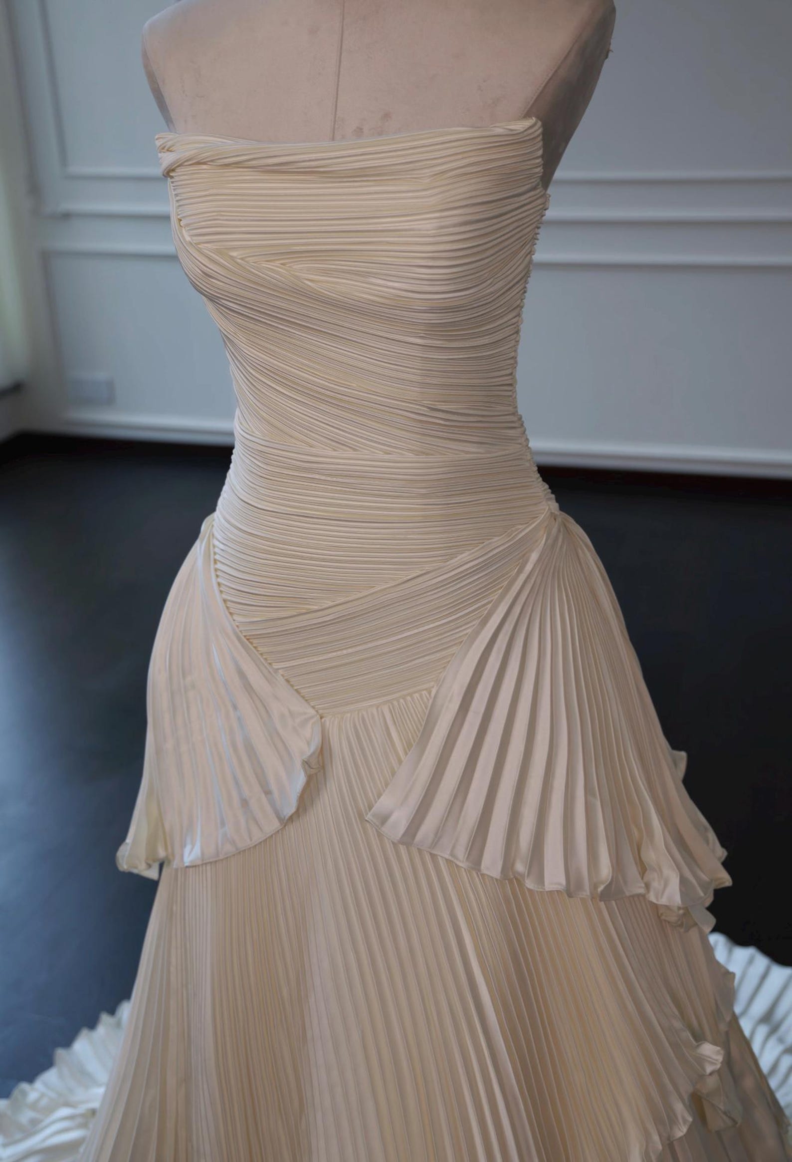 Strapless Draped Pleated Satin Wedding Dress, Tiered Pleat Skirt Bridal Gown, Minimalist Ivory Custom Wedding Dress