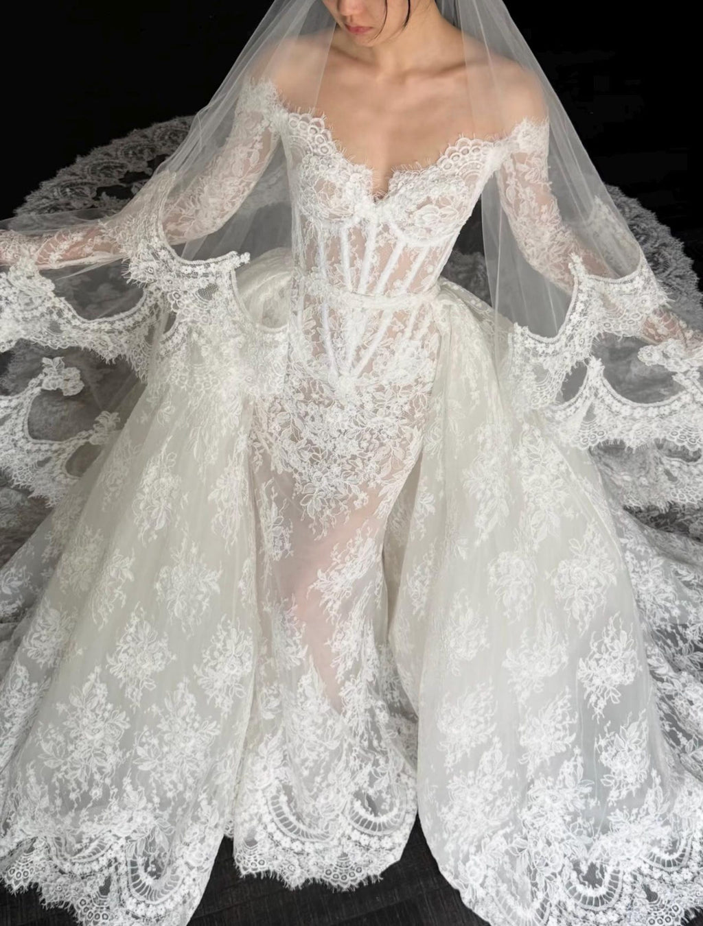 Vintage Floral Lace Bridal Gown, Off Shoulder Long Sleeve Corset Mermaid Dress, 2 in 1 Detachable Overskirt Wedding Dress