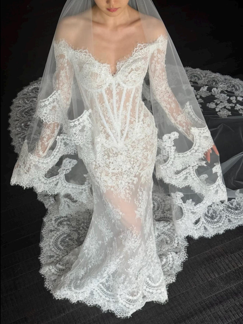 Vintage Floral Lace Bridal Gown, Off Shoulder Long Sleeve Corset Mermaid Dress, 2 in 1 Detachable Overskirt Wedding Dress