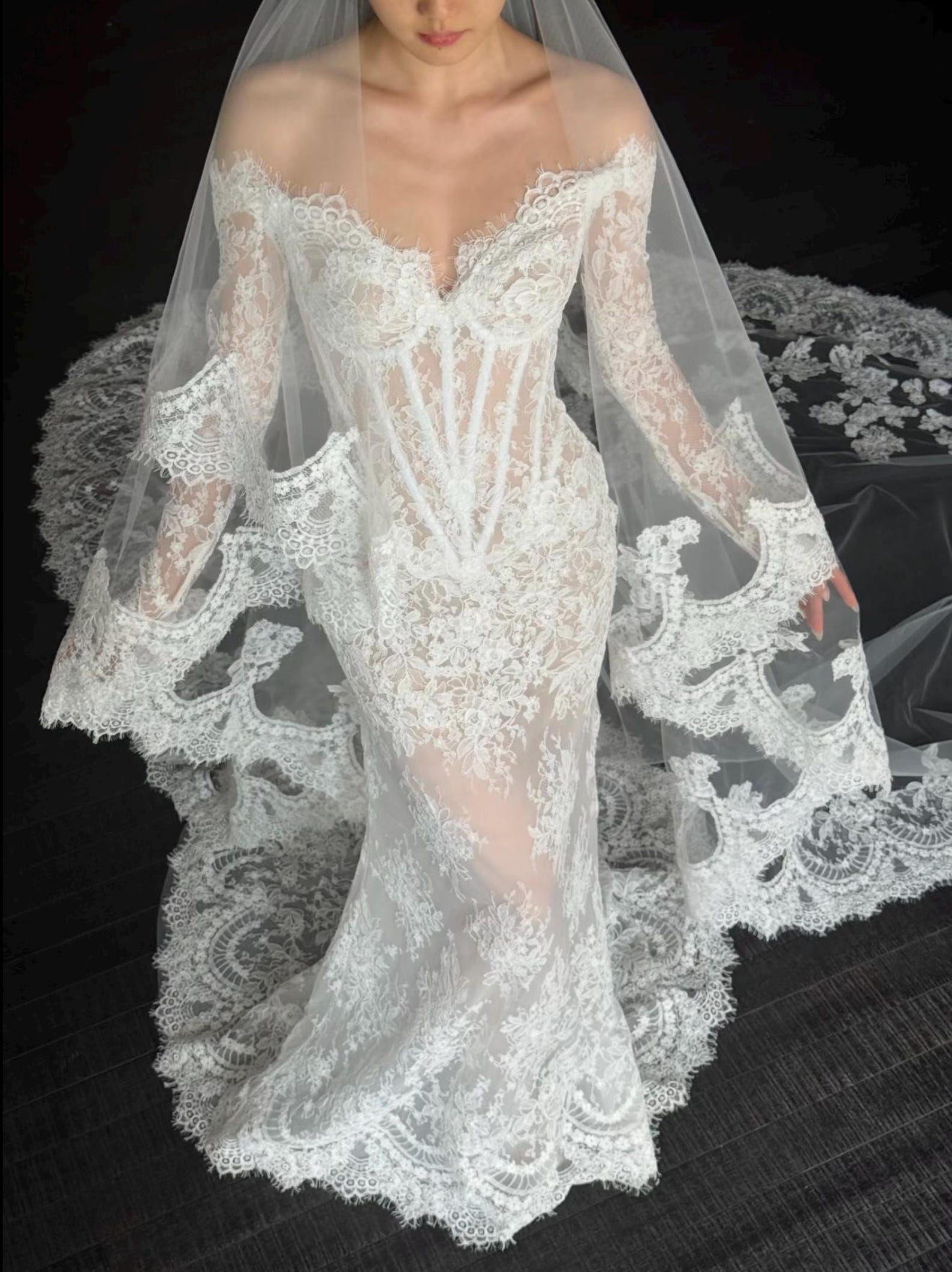 Vintage Floral Lace Bridal Gown, Off Shoulder Long Sleeve Corset Mermaid Dress, 2 in 1 Detachable Overskirt Wedding Dress