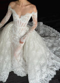Vintage Floral Lace Bridal Gown, Off Shoulder Long Sleeve Corset Mermaid Dress, 2 in 1 Detachable Overskirt Wedding Dress