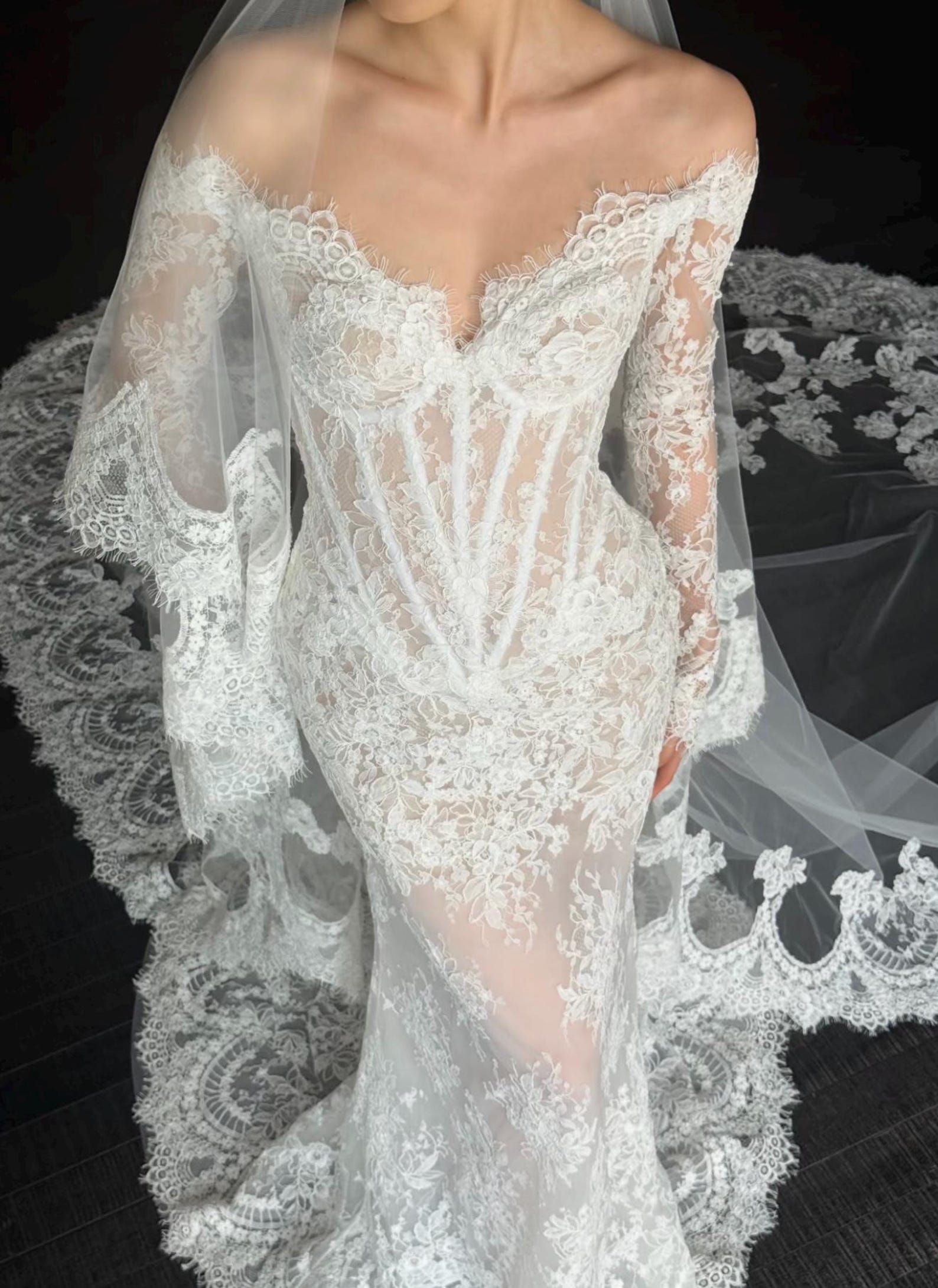 Vintage Floral Lace Bridal Gown, Off Shoulder Long Sleeve Corset Mermaid Dress, 2 in 1 Detachable Overskirt Wedding Dress