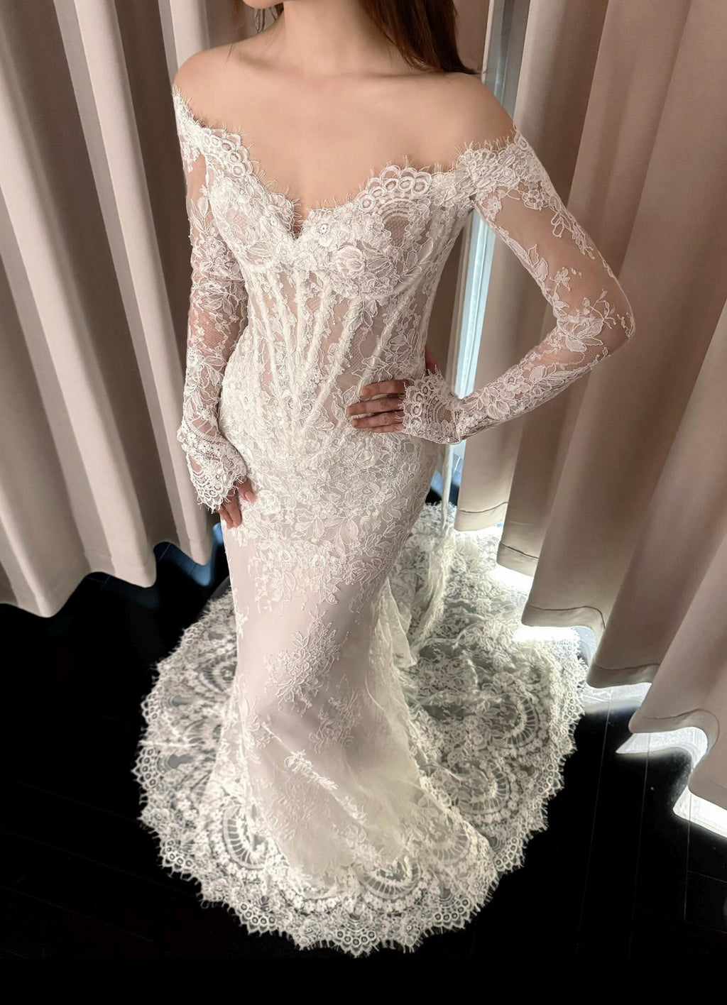 Vintage Floral Lace Bridal Gown, Off Shoulder Long Sleeve Corset Mermaid Dress, 2 in 1 Detachable Overskirt Wedding Dress