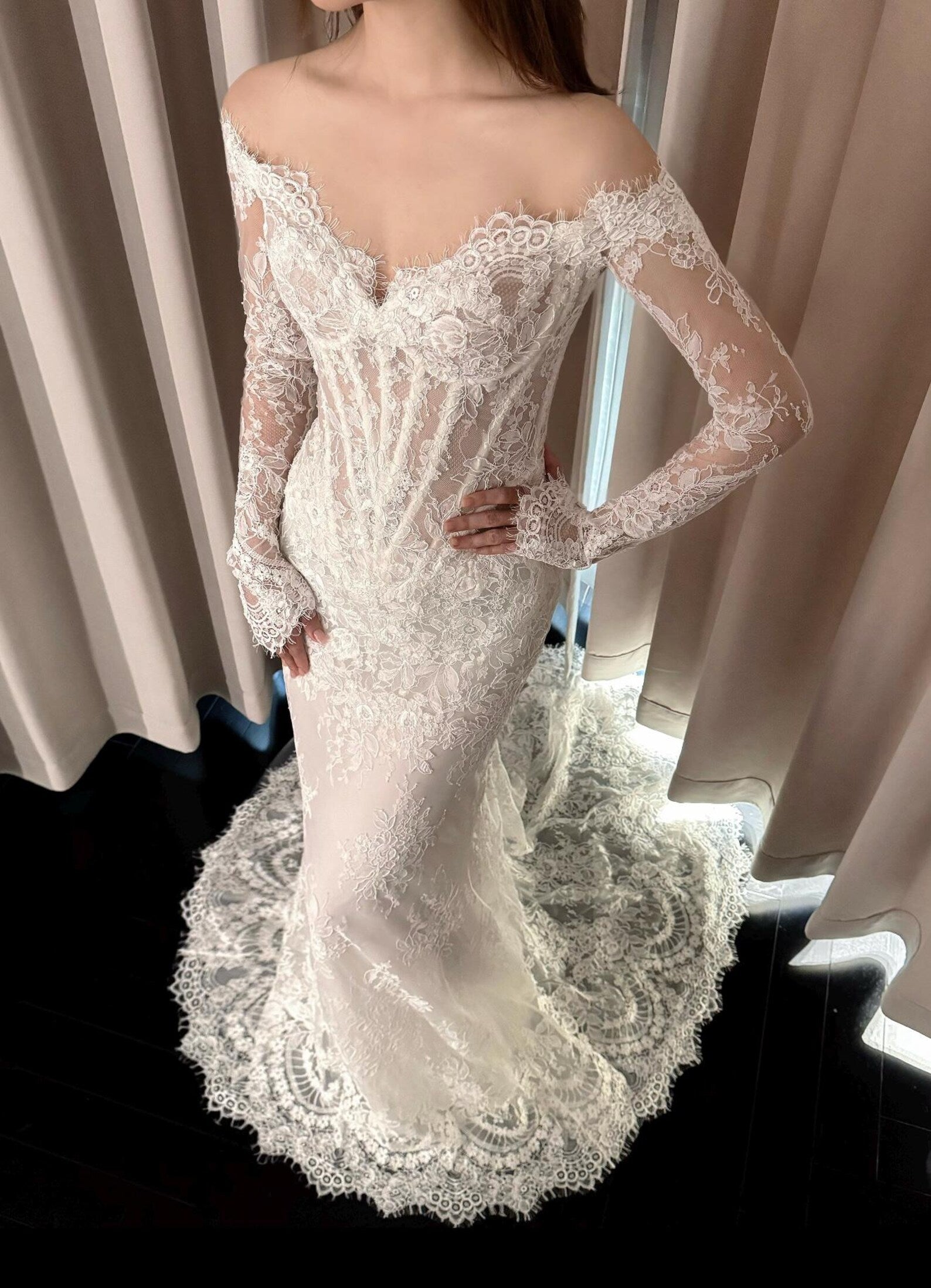 Vintage Floral Lace Bridal Gown, Off Shoulder Long Sleeve Corset Mermaid Dress, 2 in 1 Detachable Overskirt Wedding Dress