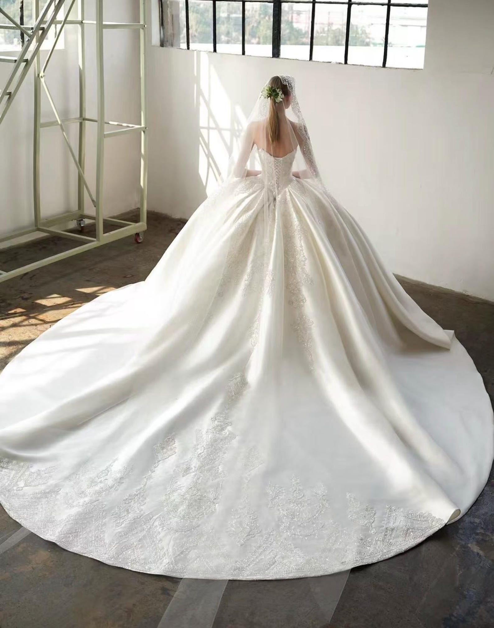 Strapless Beaded Satin Ballgown Wedding Dress, Sparkling Crystal Appliqué Bridal Gown, Custom Ivory Luxury Wedding Dress