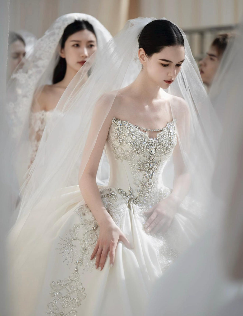 Strapless Beaded Satin Ballgown Wedding Dress, Sparkling Crystal Appliqué Bridal Gown, Custom Ivory Luxury Wedding Dress