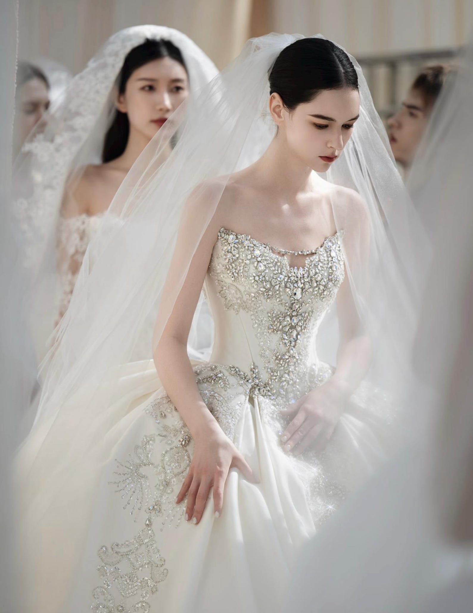 Strapless Beaded Satin Ballgown Wedding Dress, Sparkling Crystal Appliqué Bridal Gown, Custom Ivory Luxury Wedding Dress