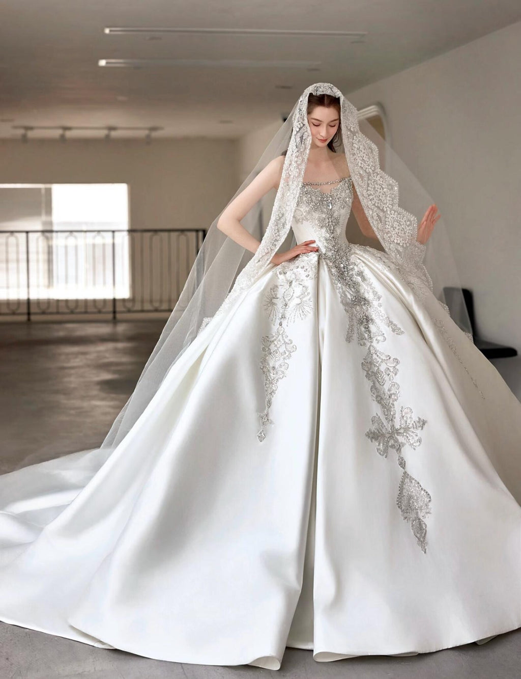 Strapless Beaded Satin Ballgown Wedding Dress, Sparkling Crystal Appliqué Bridal Gown, Custom Ivory Luxury Wedding Dress