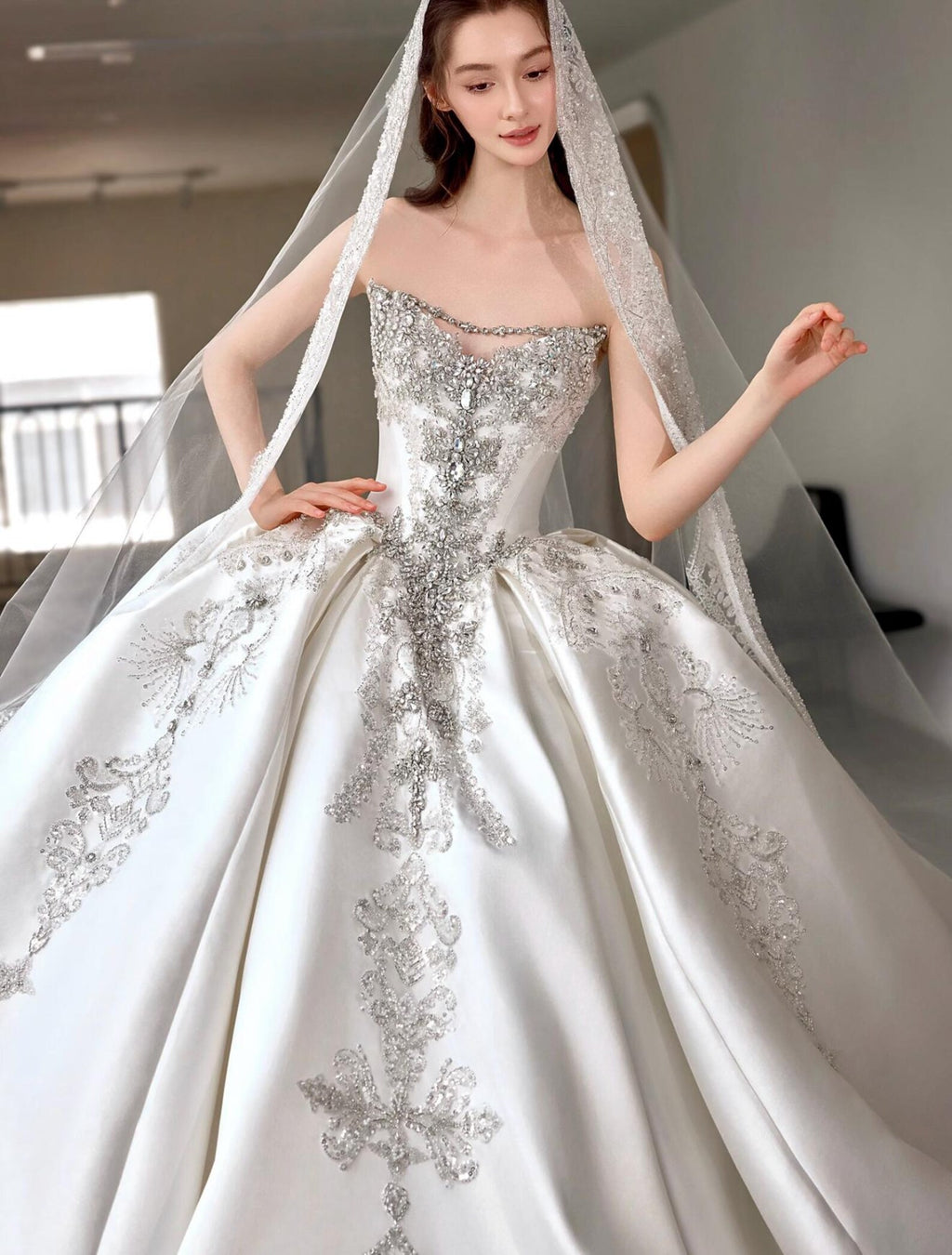 Strapless Beaded Satin Ballgown Wedding Dress, Sparkling Crystal Appliqué Bridal Gown, Custom Ivory Luxury Wedding Dress