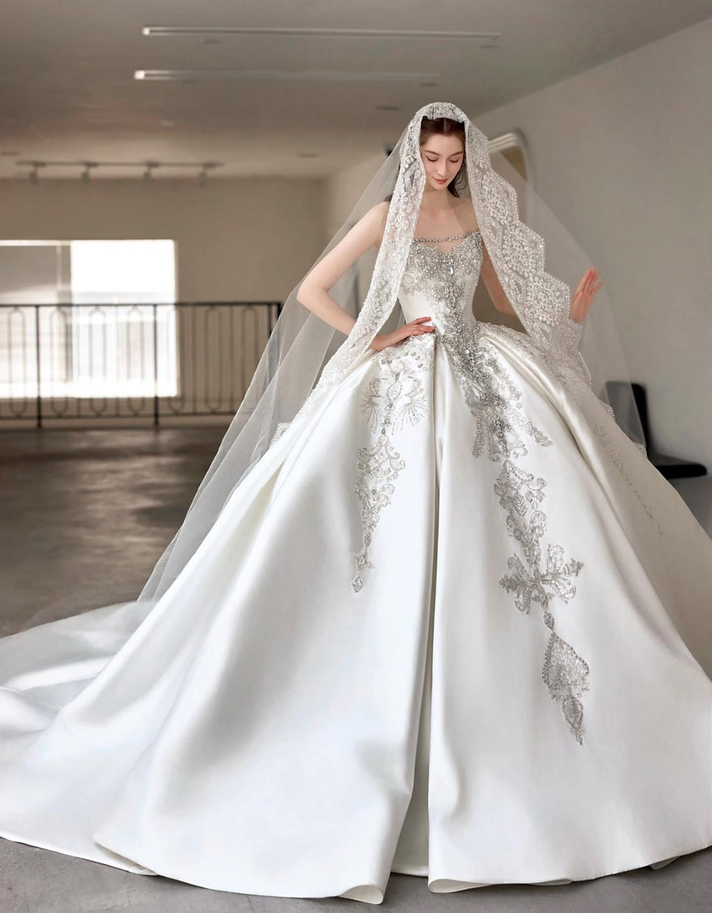 Strapless Beaded Satin Ballgown Wedding Dress, Sparkling Crystal Appliqué Bridal Gown, Custom Ivory Luxury Wedding Dress