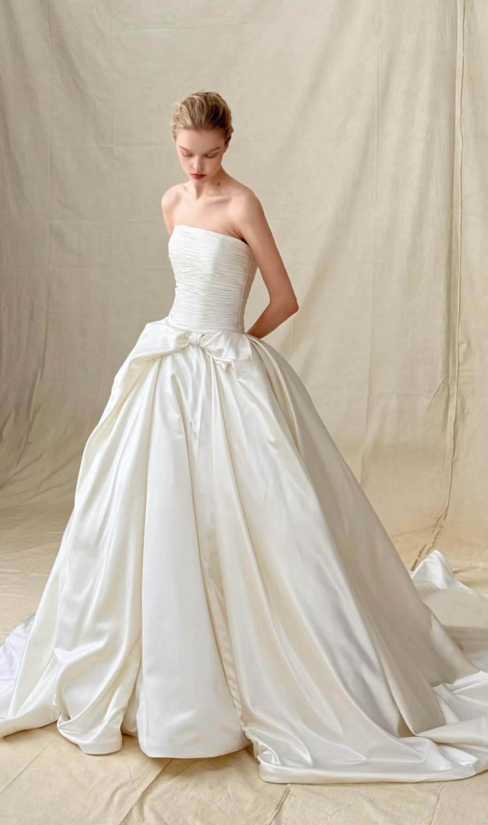 Strapless Ruched Satin Ball Gown Wedding Dress, Waist Big Bow Bridal Gown, Luxury Cathedral Train Minimalist Wedding Gown, Custom Bridal