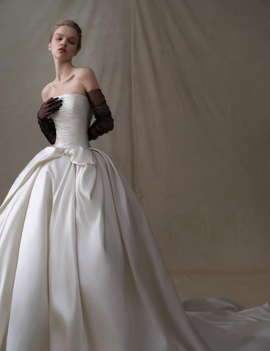 Strapless Ruched Satin Ball Gown Wedding Dress, Waist Big Bow Bridal Gown, Luxury Cathedral Train Minimalist Wedding Gown, Custom Bridal