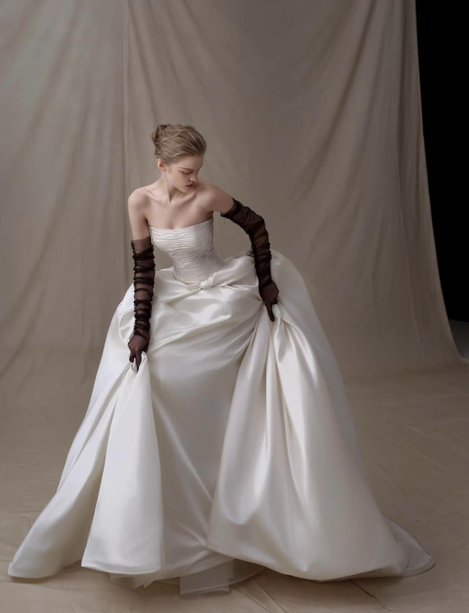 Strapless Ruched Satin Ball Gown Wedding Dress, Waist Big Bow Bridal Gown, Luxury Cathedral Train Minimalist Wedding Gown, Custom Bridal