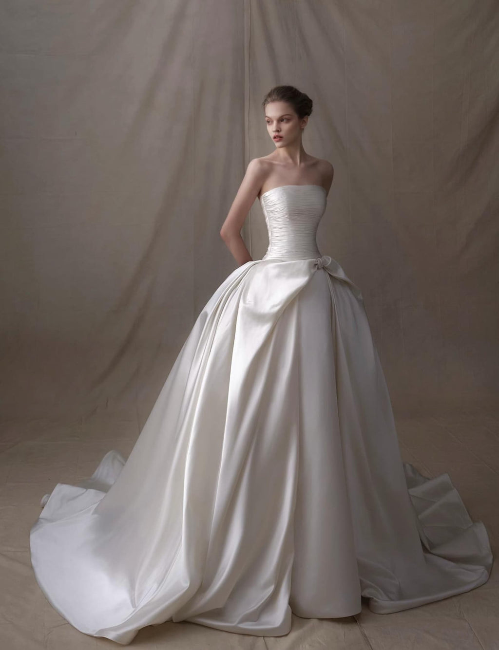 Strapless Ruched Satin Ball Gown Wedding Dress, Waist Big Bow Bridal Gown, Luxury Cathedral Train Minimalist Wedding Gown, Custom Bridal