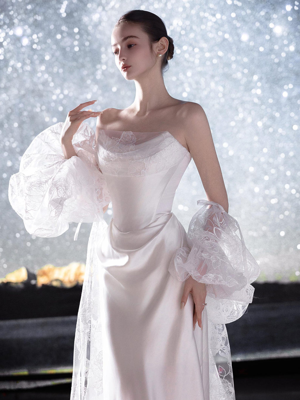 Strapless Satin Mermaid Wedding Dress With Pearl Trim, Draped Long Train Bridal Gown, Minimalist Classic Wedding Gown