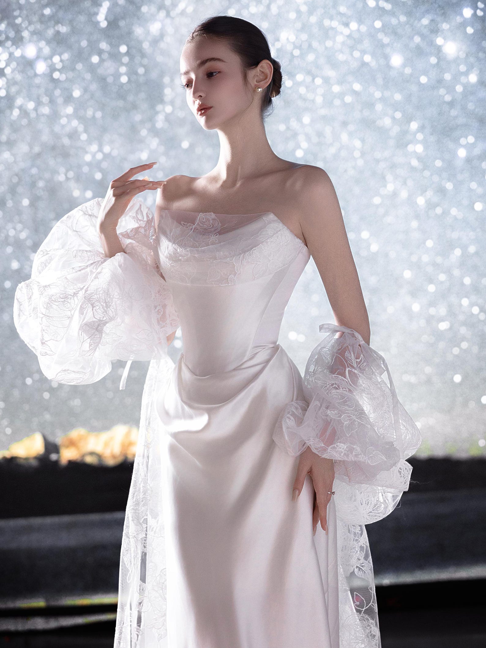 Strapless Satin Mermaid Wedding Dress With Pearl Trim, Draped Long Train Bridal Gown, Minimalist Classic Wedding Gown