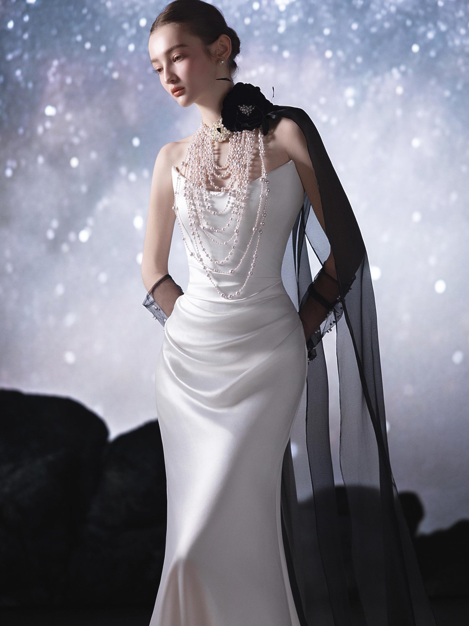 Spaghetti Strap Satin Mermaid Wedding Dress, Draped Fitted Bridal Gown, Black Tulle Accent Train Elegant Evening Wedding Gown Custom
