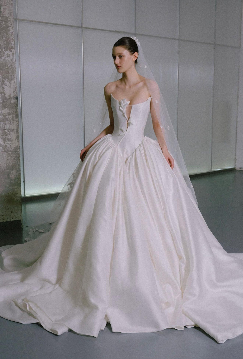 Luxury Satin Strapless Ballgown Wedding Dress,3D Floral Detail,Plunge Sweetheart Neck,Long Cathedral Train Bridal Gown