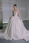 Luxury Satin Strapless Ballgown Wedding Dress,3D Floral Detail,Plunge Sweetheart Neck,Long Cathedral Train Bridal Gown