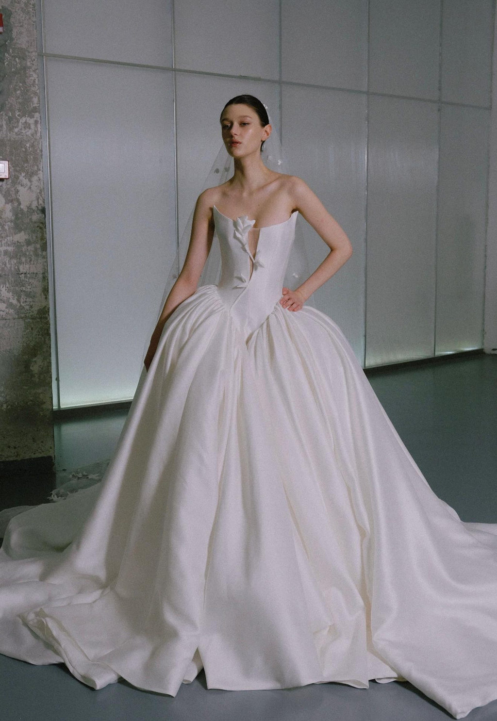 Luxury Satin Strapless Ballgown Wedding Dress,3D Floral Detail,Plunge Sweetheart Neck,Long Cathedral Train Bridal Gown