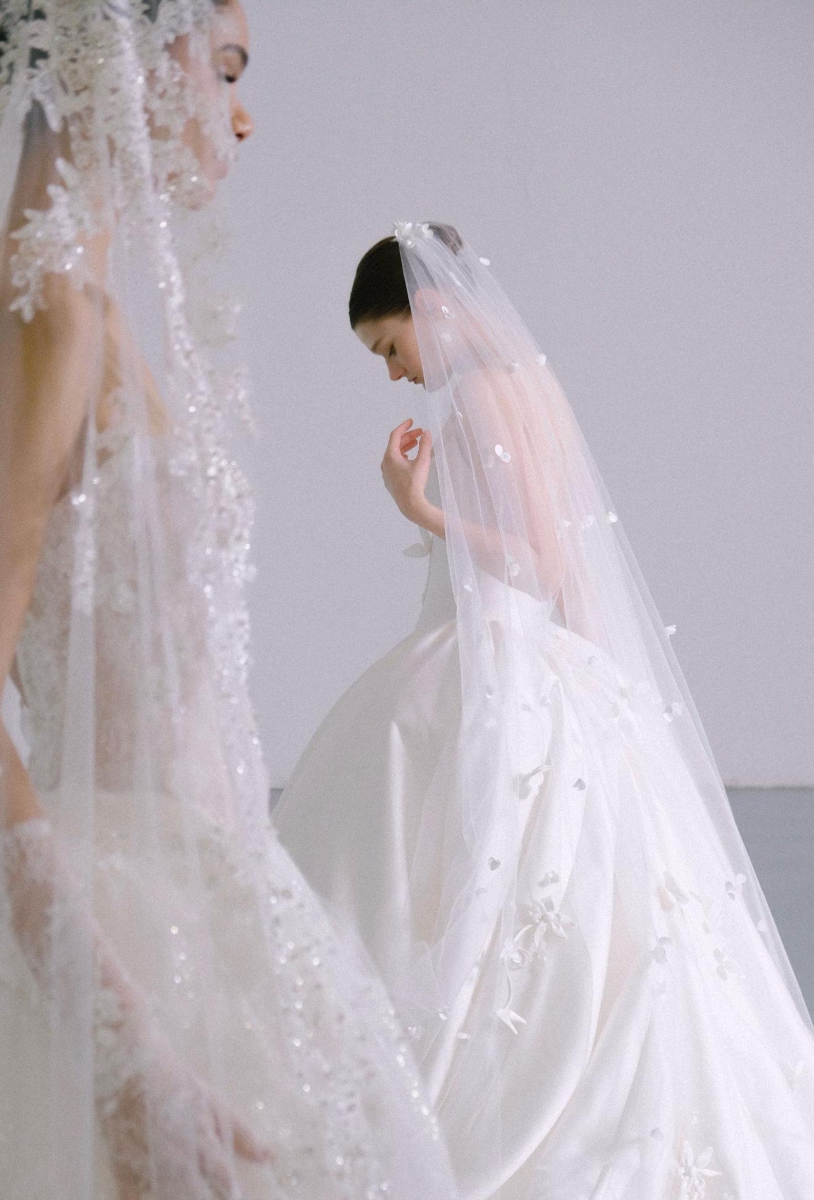 Luxury Satin Strapless Ballgown Wedding Dress,3D Floral Detail,Plunge Sweetheart Neck,Long Cathedral Train Bridal Gown