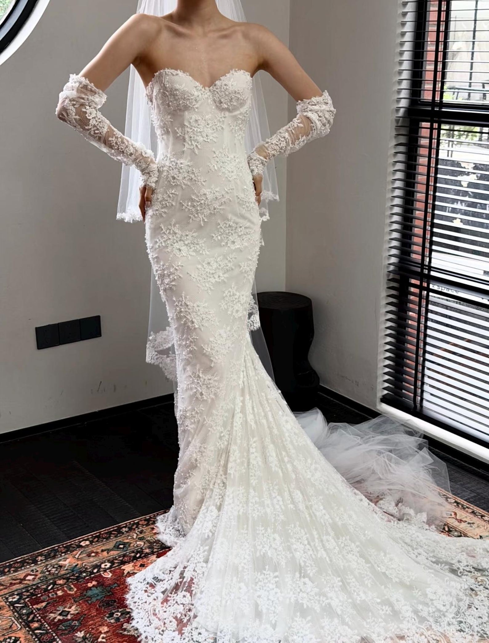Strapless Sweetheart Lace Mermaid Wedding Dress, 3D Floral Lace Bridal Gown, Detachable Lace Gloves, Chapel Train Custom Wedding Gown