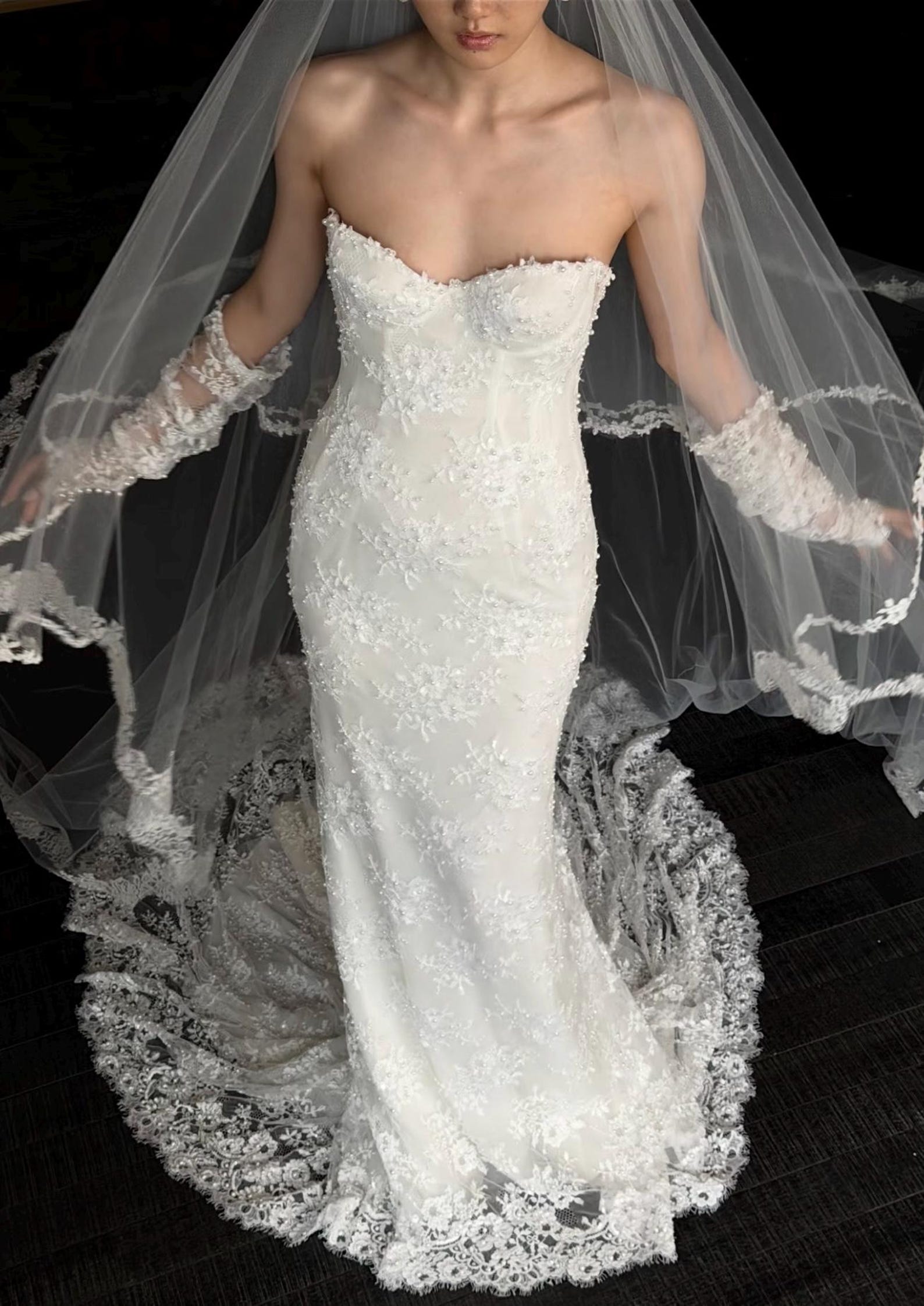 Strapless Sweetheart Lace Mermaid Wedding Dress, 3D Floral Lace Bridal Gown, Detachable Lace Gloves, Chapel Train Custom Wedding Gown