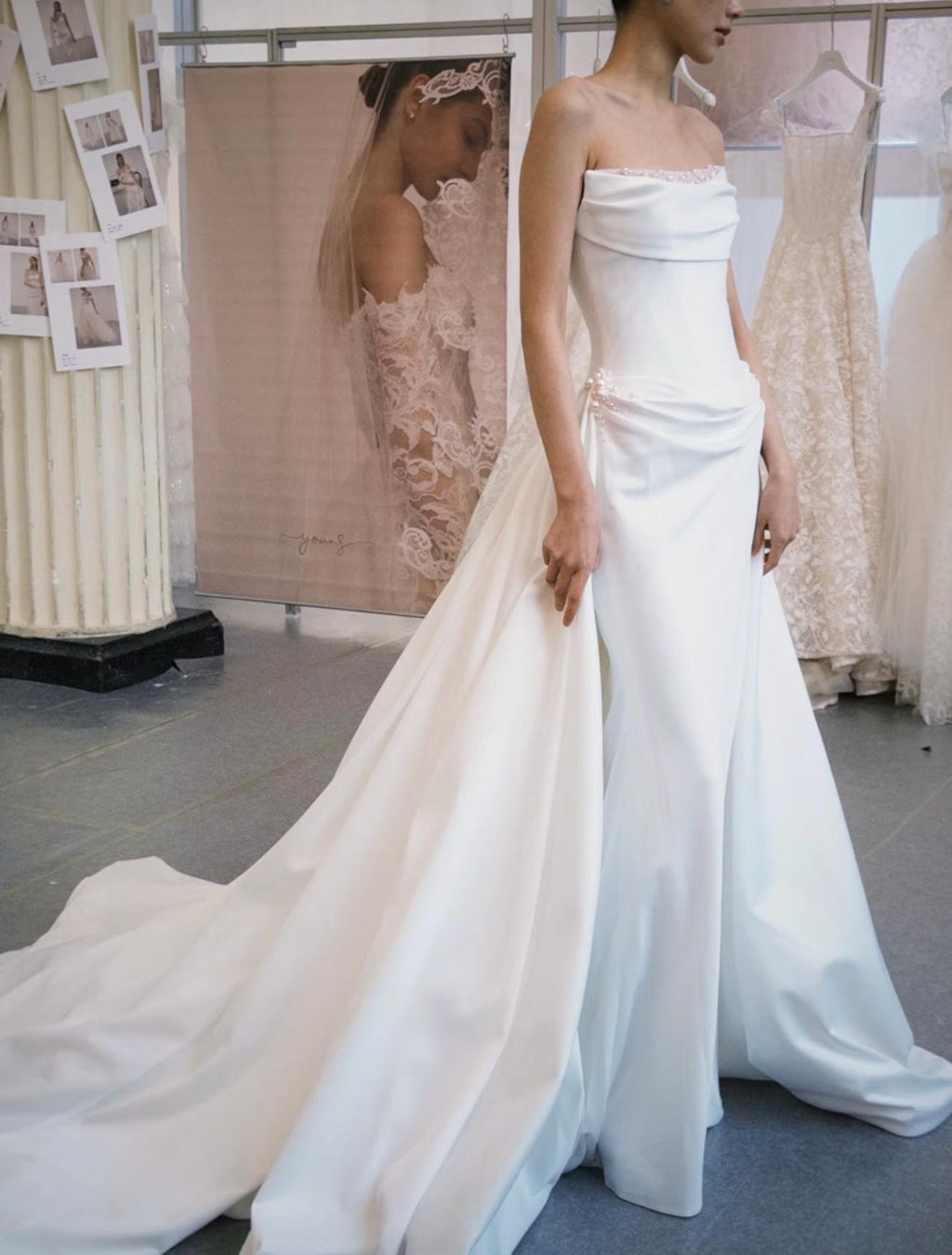 Strapless Draped Satin Mermaid Wedding Dress, Pearl Beaded Neckline, Detachable Satin Overskirt, Cathedral Train Custom Bridal Gown