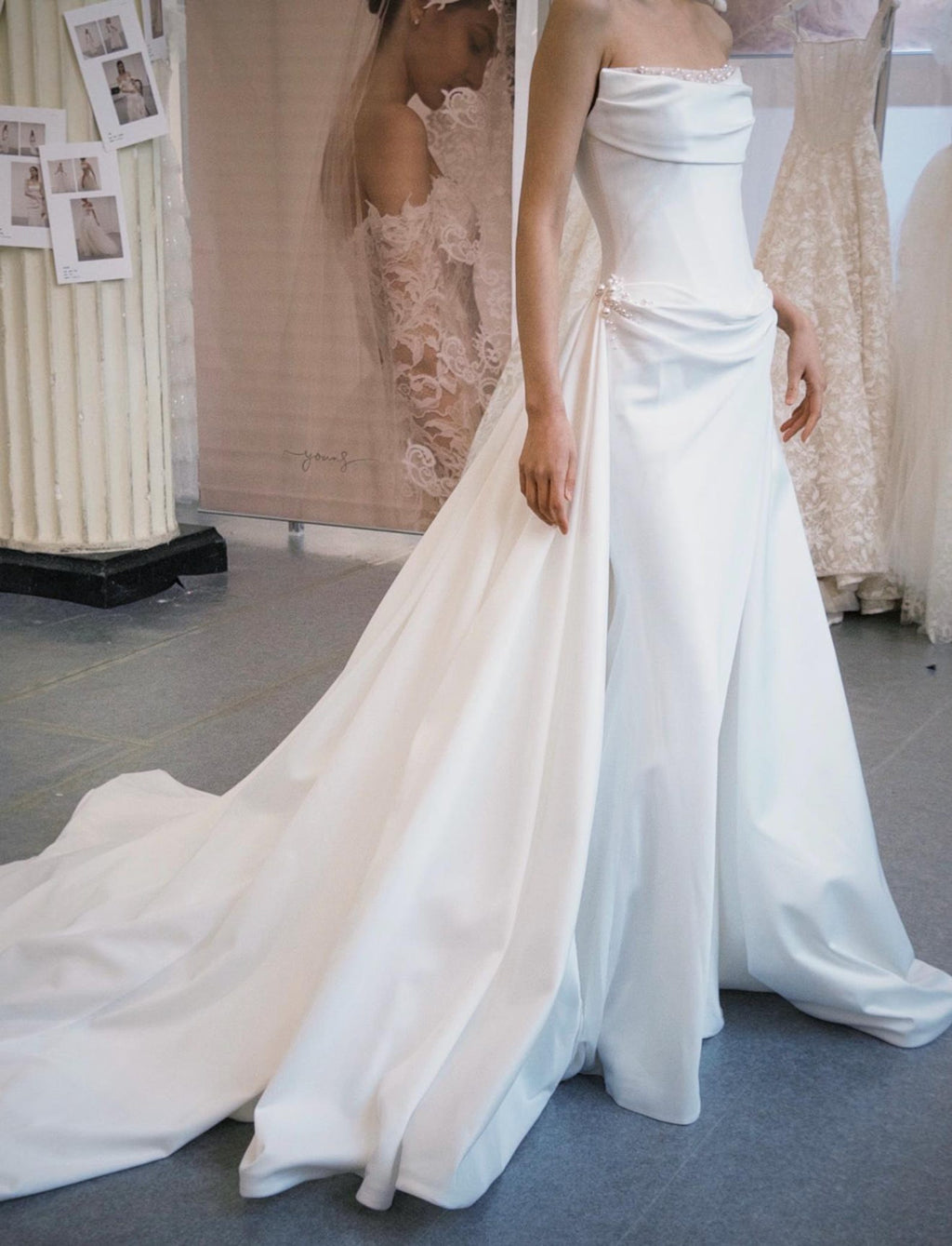 Strapless Draped Satin Mermaid Wedding Dress, Pearl Beaded Neckline, Detachable Satin Overskirt, Cathedral Train Custom Bridal Gown