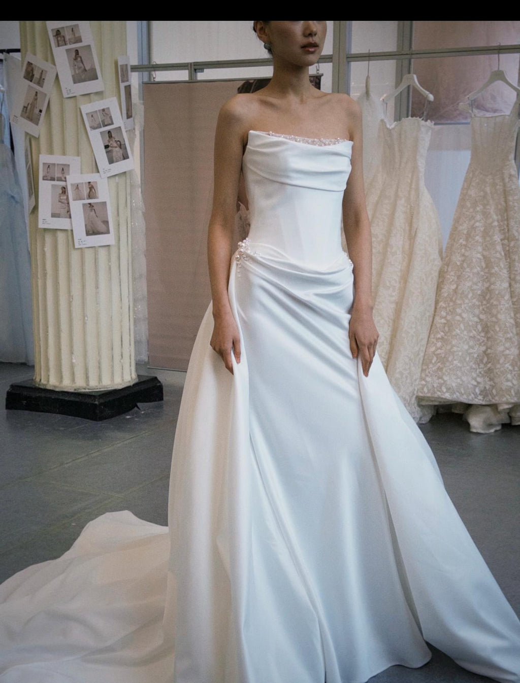 Strapless Draped Satin Mermaid Wedding Dress, Pearl Beaded Neckline, Detachable Satin Overskirt, Cathedral Train Custom Bridal Gown