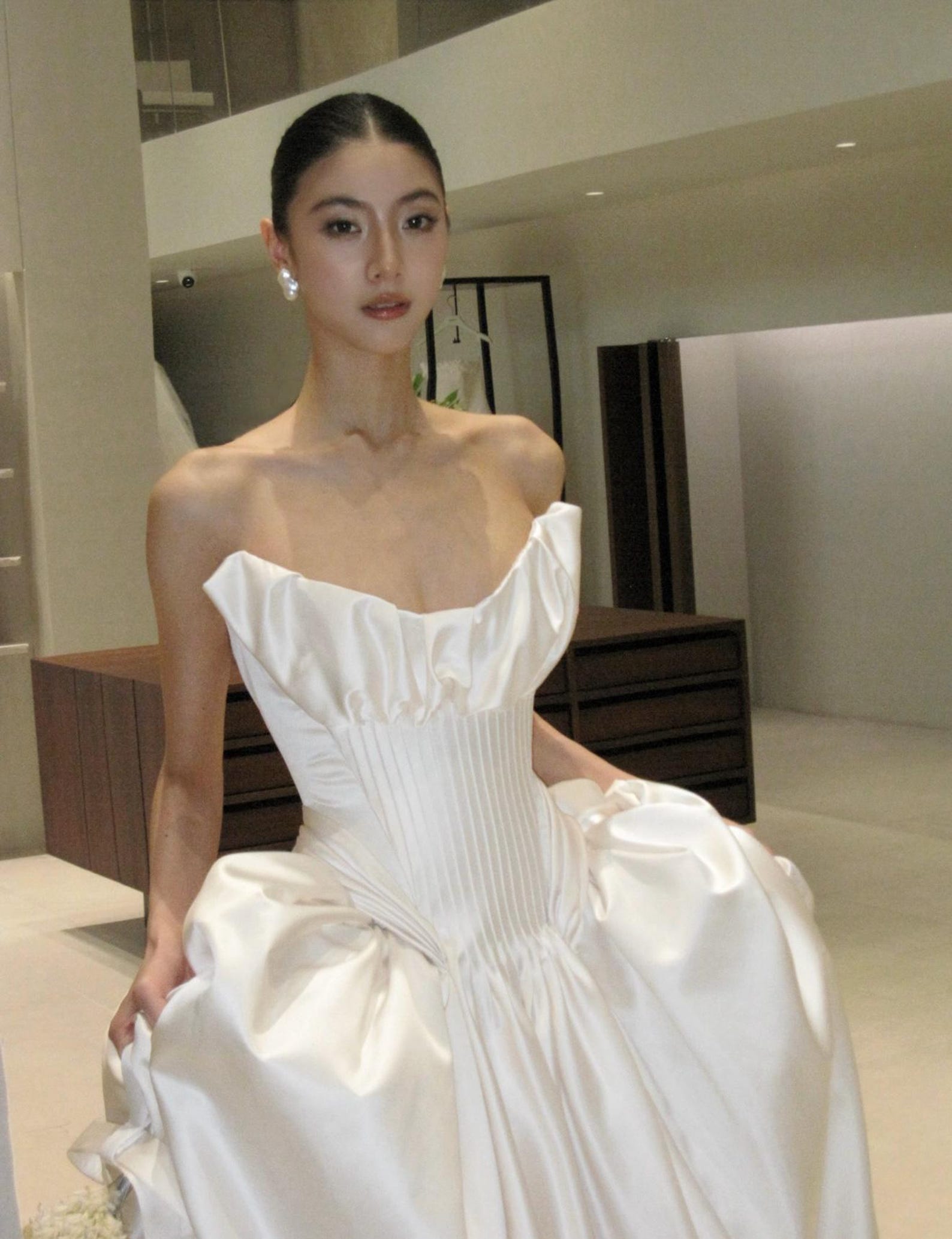 Strapless Ruffled Neck Satin Ball Gown Wedding Dress, Vertical Pleated Corset Bodice, Voluminous Skirt Cathedral Train Custom Bridal Gown